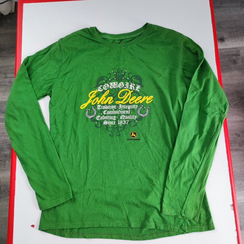 John Deere long sleeve T-shirt women's XL green with graphic design, rhinestone